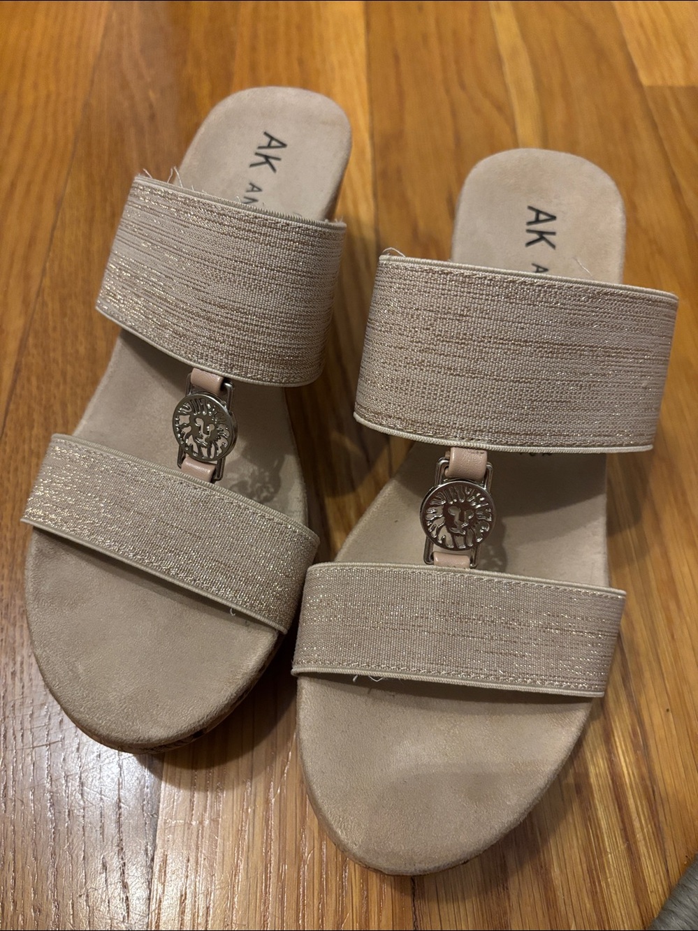 Anne Klein Neutral Beige Slide Sandals with Decorative Medallion